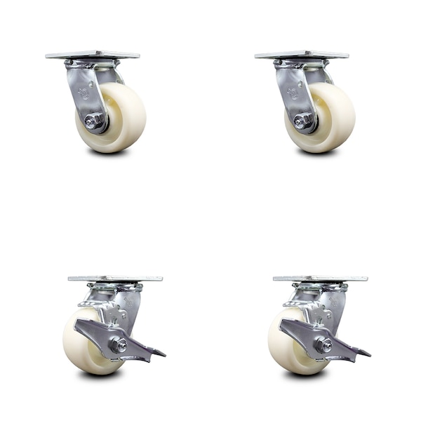 4 Inch Nylon Swivel Caster Set with Roller Bearings 2 Brakes